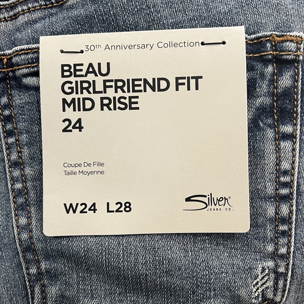 Silver‎ Jeans Womens 24x28Indigo Beau Girlfriend Fit Mid Rise Distressed Eco - Picture 7 of 9